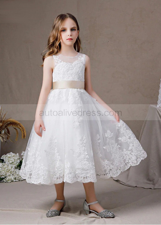 White Lace Tulle Keyhole Back Flower Girl Dress